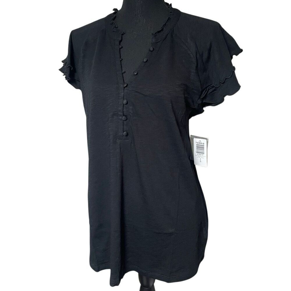 Torrid Black Vintage Slub Jersey Ruffle Henley Top